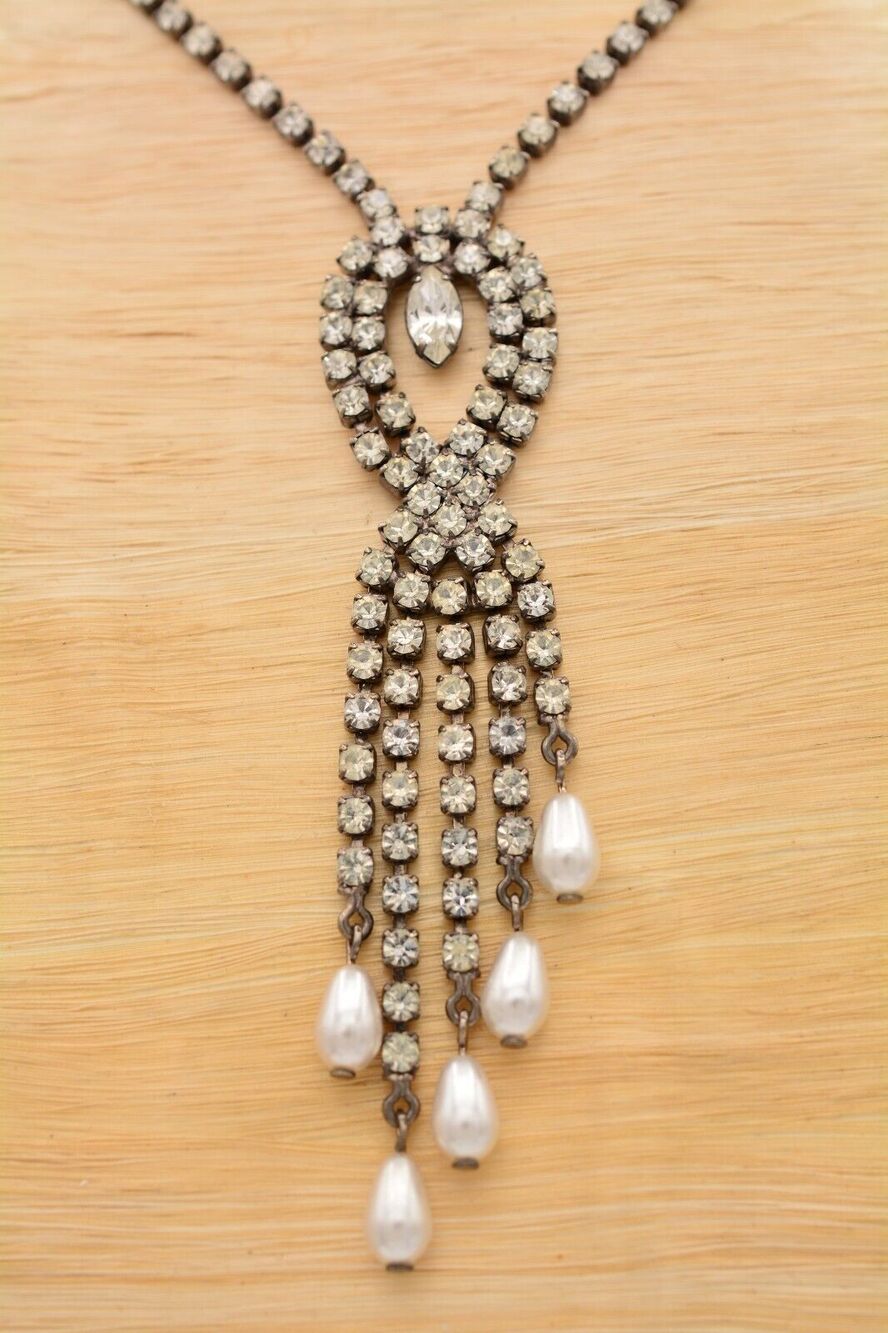 Vintage Crystal Collar Necklace Faux Pearl Fringe Prong Rhinestone 1980s Bin3A